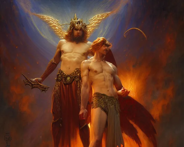 Image similar to attractive male deity, casting demonic magic, summoning handsome lucifer morning star. highly detailed painting by gaston bussiere, craig mullins, j. c. leyendecker 8 k