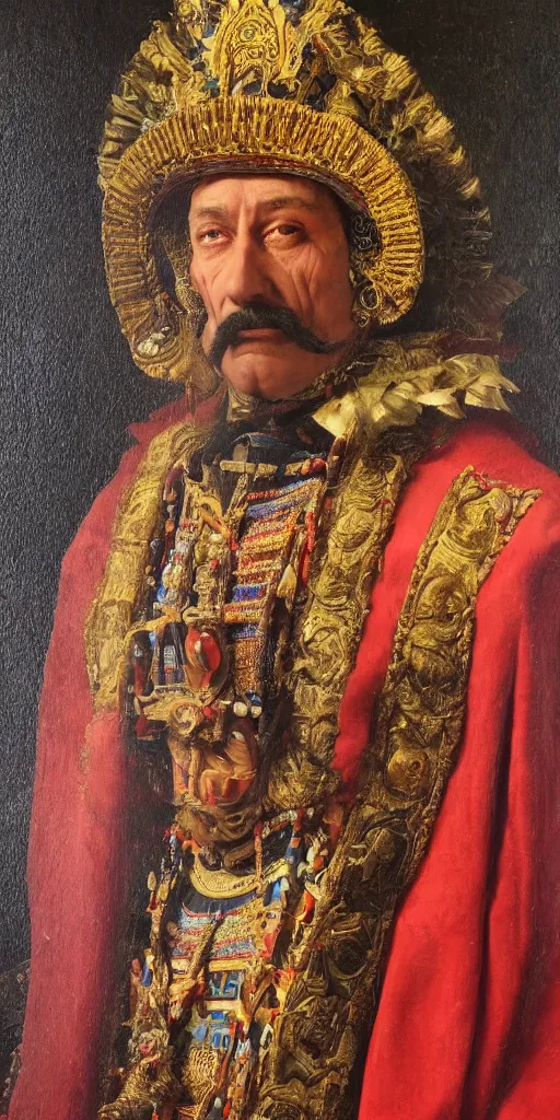 Image similar to Highly detailed and cinematic Renaissance period portrait oil painting of the Aztec emperor Montezuma!! an oil painting ((masterpiece)) by ((Josep Tapiró Baró)), dynamic lighting, 8K, Aztec!!