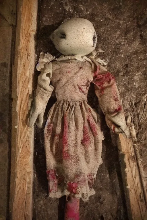 Image similar to creepy dirty cracked vintage doll in darkly lit dusty basement cobwebs blair witch style photo