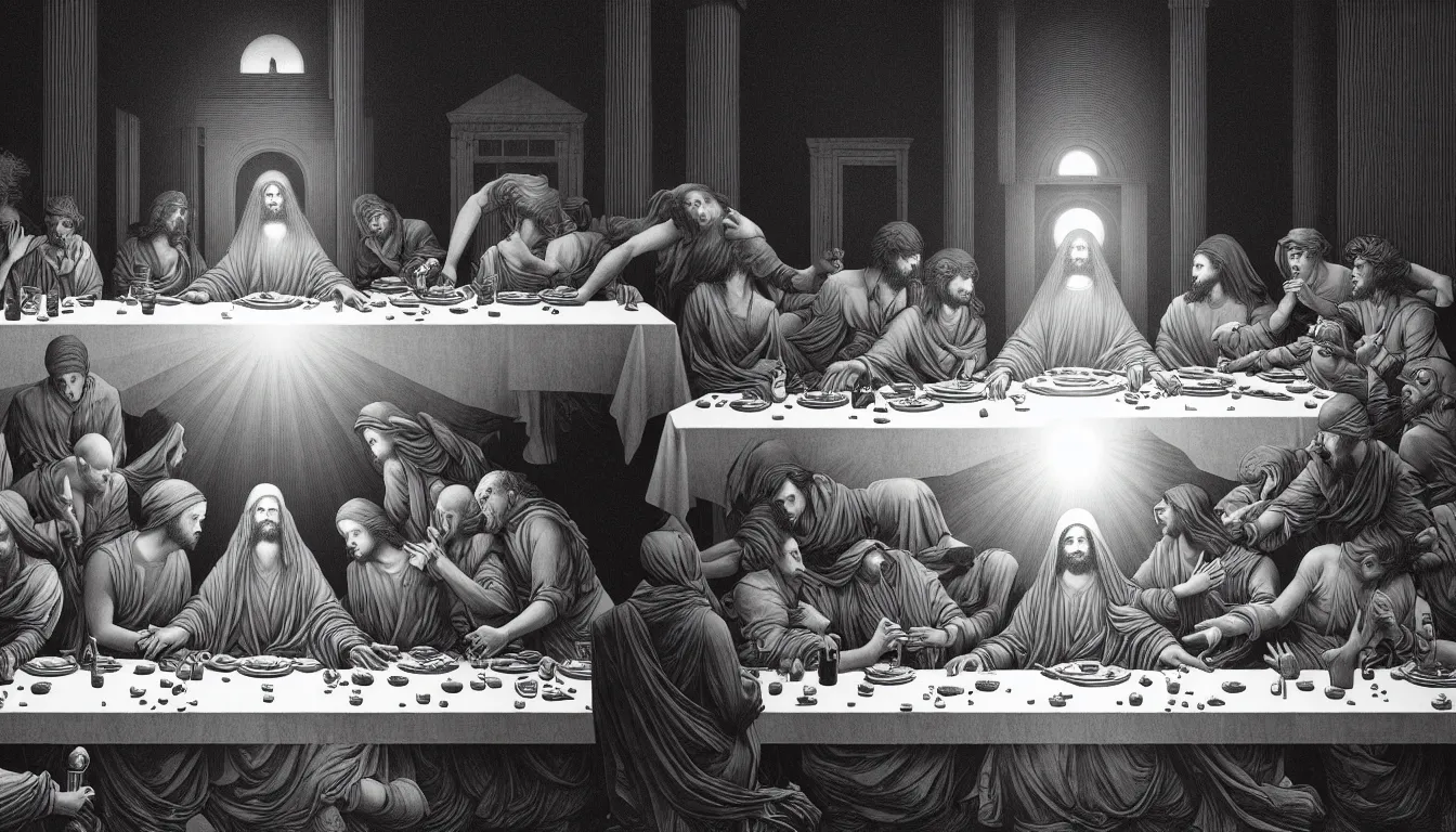 Image similar to colorful!!! the last supper by rene magritte, futuristic by laurie greasley and bouguereau, ( ( etching by gustave dore ) ), cyberpunk, ultraclear intricate, sharp focus, highly detailed digital painting illustration, concept art, masterpiece