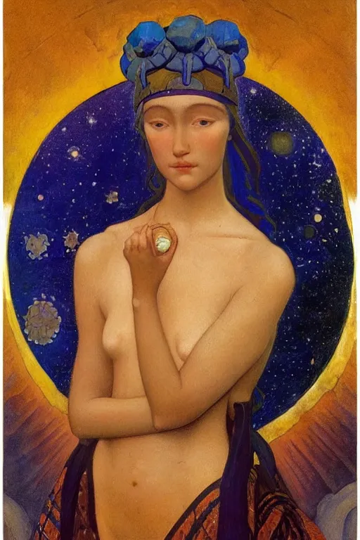 Image similar to girl with stars in her hair by Nicholas Roerich and Annie Swynnerton and Diego Rivera and jean delville, dramatic cinematic lighting , ornate headdress , flowing robes, sacred artifacts, lost civilizations, smooth, sharp focus, extremely detailed