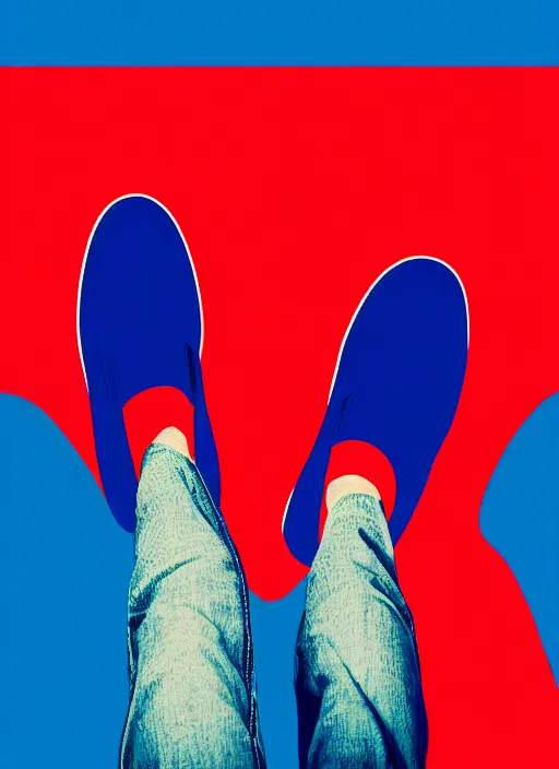 Prompt: minimal movie poster, mismatched red shoe and blue shoe