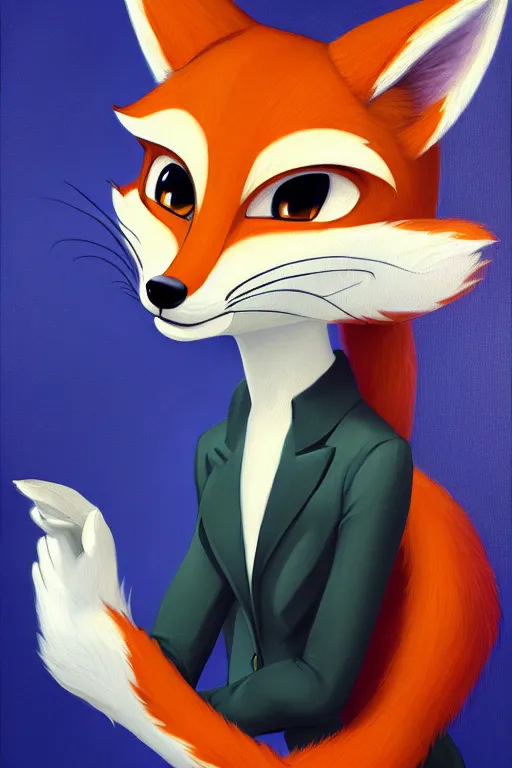 Image similar to oil painting of anthromorphic female fox, in style of zootopia, female fursona, furry, furaffinity, 4 k, deviantart, furry art, fursona art, wearing black business suit, business suit, fox fursona, female, smug expression,