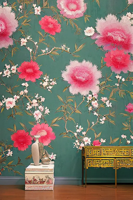 Image similar to Chinoiserie floral wall by Craig Mullins, pixar, tristan eaton