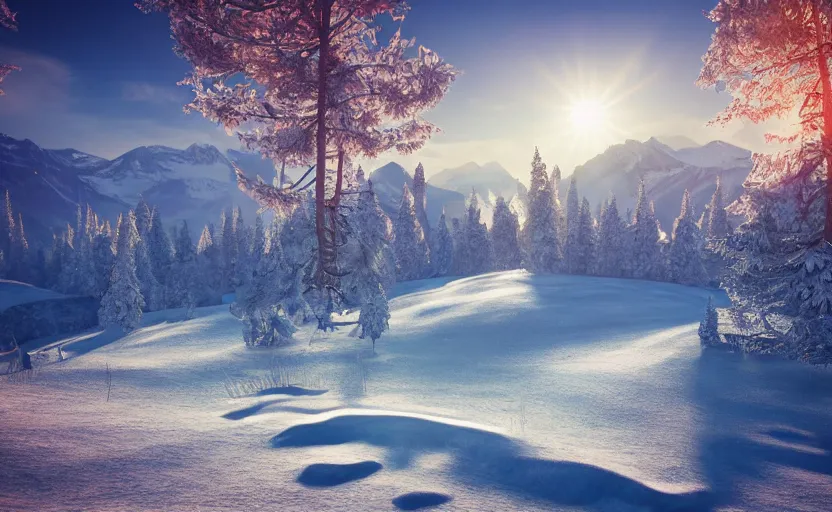 Prompt: mountain landscape in winter!!!, flowers, trees, bright landscape, dreamy light, sunny, floating particles, complementary palette, by and jacek yerga and jesse king, pop surrealist, wiccan, unreal engine, bokeh, detailed