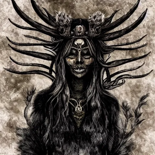 Prompt: ancient fae covered in black tendrilled fur, wearing ram skull, forest, heavy fog, fantasy, ultra realistic