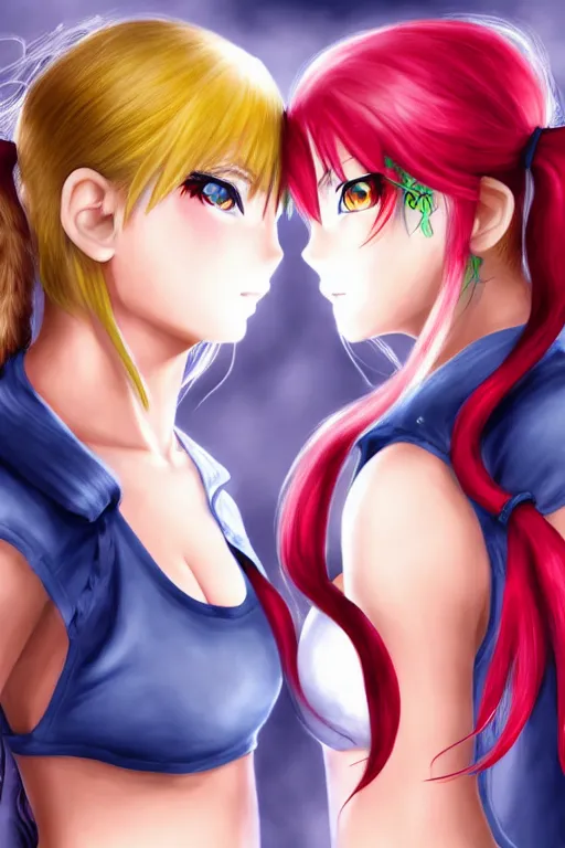 Image similar to two beautiful female fighters with pigtails facing each other, detailed anime art