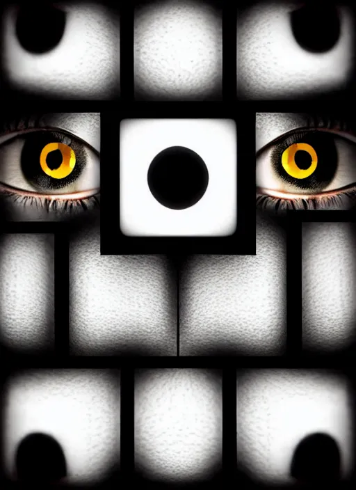 Image similar to grid montage of cube shaped eyes cubes, square shaped black dilated pupils cubes, cube shaped irises, detailed colored textures, lashes, advanced art, art styles mix, wet reflections in square eyes, sunshine light, hd macro photograph, from side, various eyelid positions, square black pupil centered