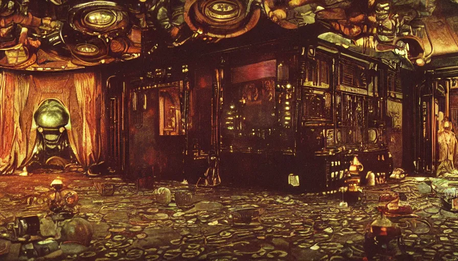 Image similar to an autochrome of a sci - fi 1 9 0 0's opium den with living, fleshy cronenberg walls, filmset interior of alien, designed by gustav klimt, octane renderer