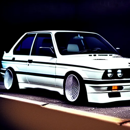 Image similar to a modified bmw e 3 0 with lights on in a futuristic neon parking garage, 3 5 mm photography, car photography, clean lines, realistic