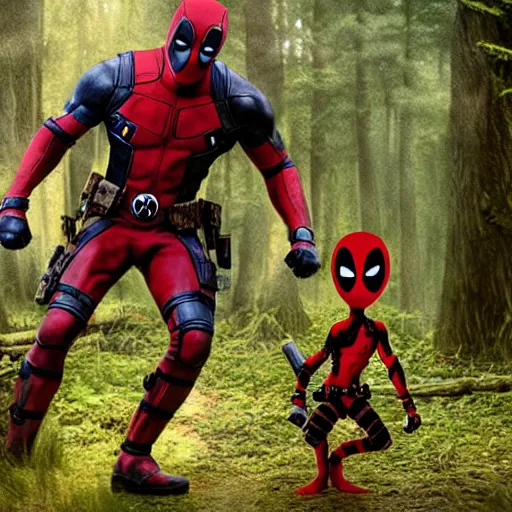 Image similar to deadpool and groot in the woods playing digital art 4 k detailed