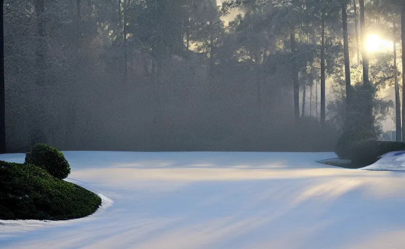 Prompt: augusta national, the masters, but during winter, completely covered in snow, beautiful ambient light, stunning photography, fog, light rays