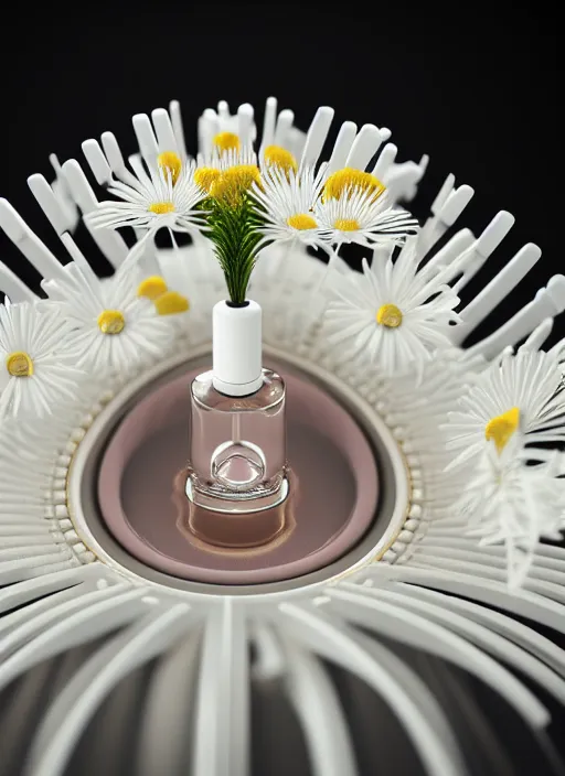 Image similar to perfume bottle standing in the center of a biomechanical white enchanted coral flat plate made of daisies in an ivory room well contoured smooth fair walls, up close shot, sharp focus, global illumination, radiant light, alexandre ferra white mecha, irakli nadar, octane highly render, 4 k, ultra hd,