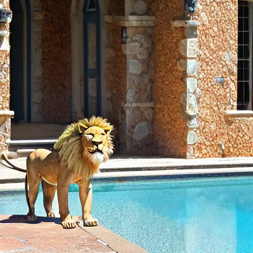 Image similar to a very detailed photo of a lion ( smoking a cigar ) outside the mansion by the pool