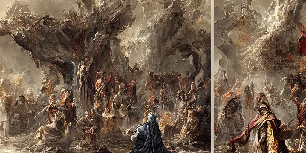 Image similar to Beautiful illustration of how religion is invasive and destroys history, trending on ArtStation