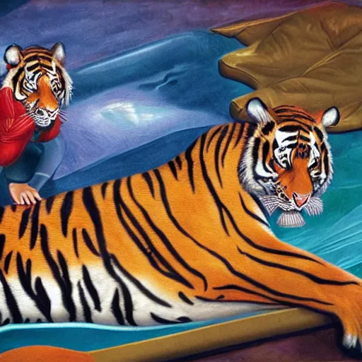 Image similar to Tiger pouncing on a woman lying on a bed of fish, surrealism, abstract, hyper realistic, intricate details, soft lighting