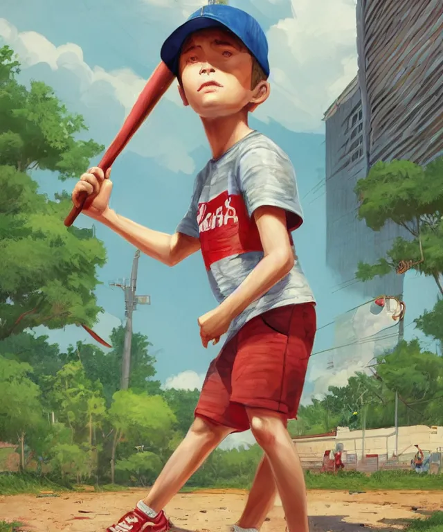 Prompt: a young boy wearing a horizontal striped shirt and a red baseball cap and jean shorts, holding a baseball bat, centered composition, digital painting, artstation, concept art, sharp focus, octane render, illustration, art by geof darrow,