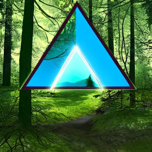 Image similar to a portal in the forest in the shape of a triangle that leads to a vapor wave alternate universe, 8k, trees, path