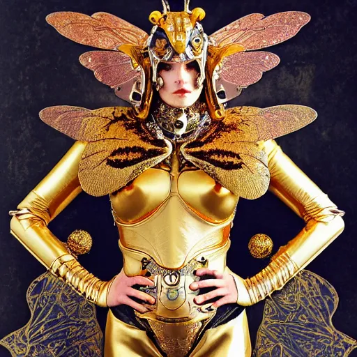 Prompt: wh 4 0 k haute couture scale armour paladin editorial by klimt, biomechanical hornet with metal couture wings by malczewski, ornate wh 4 0 k chaos lord in gold, bismuth and obsidian by giger, on cosmic background by alphonse mucha