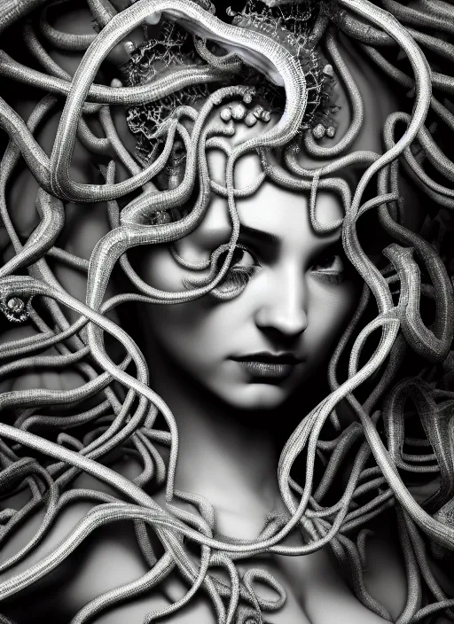 Image similar to surreal mythical dreamy dark artistic black and white fine art photo of a beautiful young female medusa - mermaid - cyborg covered with translucent algae, highly detailed, intricate crystal ivy jelly fish scales ornate, lace web, poetic, octane render, 8 k, photo - realistic, by man ray