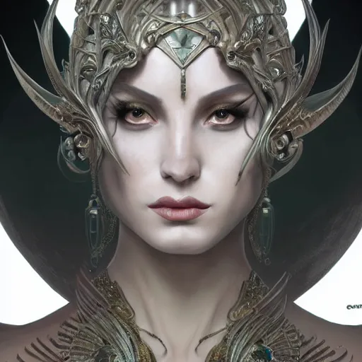 Image similar to perfectly - centered - portrait - photograph of an evil sinister goddess, the perfect human female specimen, intricate, elegant, super highly detailed, professional digital painting, artstation, concept art, smooth, sharp focus, no blur, no dof, extreme illustration, unreal engine 5, 8 k, art by artgerm and greg rutkowski and alphonse mucha loish and wlop