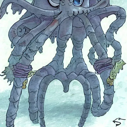 Prompt: squidward as a dark souls boss by studio ghibli