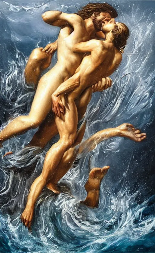 Prompt: Poseidon\'s sad love story, oil painting by Bruno Bruni, mind-blowing art, very detailed, high quality, golden and silver colors