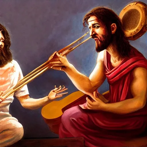 Prompt: God playing a gutair and the devil playing the drums, hyper realistic, HD, HQ, photo realistic