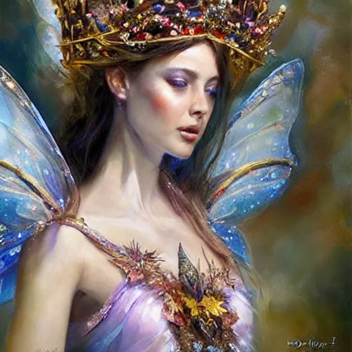 Prompt: hyperrealist portrait of a fairy girl emperorit is decorated with long robes that fall like stars and wears a huge crown. by daniel f. gerhartz, fantasy art, photo realistic, dynamic lighting