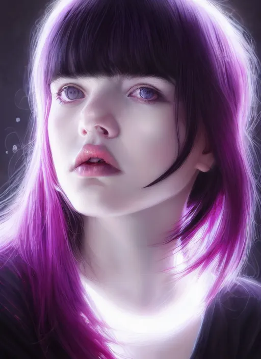 Image similar to portrait of teenage girl, red irises, bangs, black and white hair, white bangs, purple clothes, white bangs, two color hair, black hair and white bangs, intricate, elegant, glowing lights, highly detailed, digital painting, artstation, concept art, smooth, sharp focus, illustration, art by wlop, mars ravelo and greg rutkowski