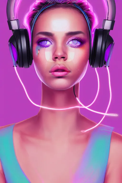 Image similar to a award winning half body portrait of a beautiful woman with stunning eyes in a croptop and cargo pants with ombre purple pink teal hairstyle with headphones on her ears by thomas danthony, surrounded by whirling illuminated lines, outrun, vaporware, shaded flat illustration, digital art, trending on artstation, highly detailed, fine detail, intricate