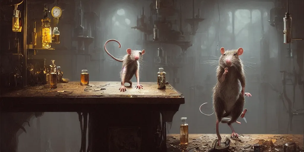 Image similar to highly realistic intricate rat standing on a desk in a laboratory with lots of flasks filled with magic liquids and poisonous fog, stephen bliss, unreal engine, fantasy art by greg rutkowski, loish, rhads, ferdinand knab, ilya kuvshinov, rossdraws, tom bagshaw, global illumination, radiant soft light, detailed and intricate environment