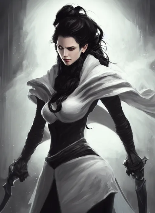 Image similar to a highly detailed illustration of fierce messy ponytail black haired one armed delinquent woman wearing long white coat cape, dramatic wielding sword pose, muscular, intricate, elegant, highly detailed, centered, digital painting, artstation, concept art, smooth, sharp focus, league of legends concept art, wlop.