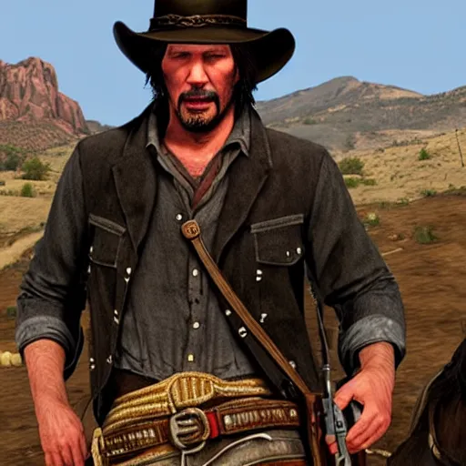 Image similar to Cover art of Red Dead Redemption 3, no text, Keanu Reeves as the main character