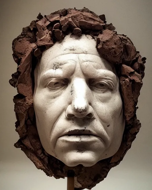 Image similar to planets coming out of a broken renaissance head sculpture, hyper - realistic, in the style of tony santos