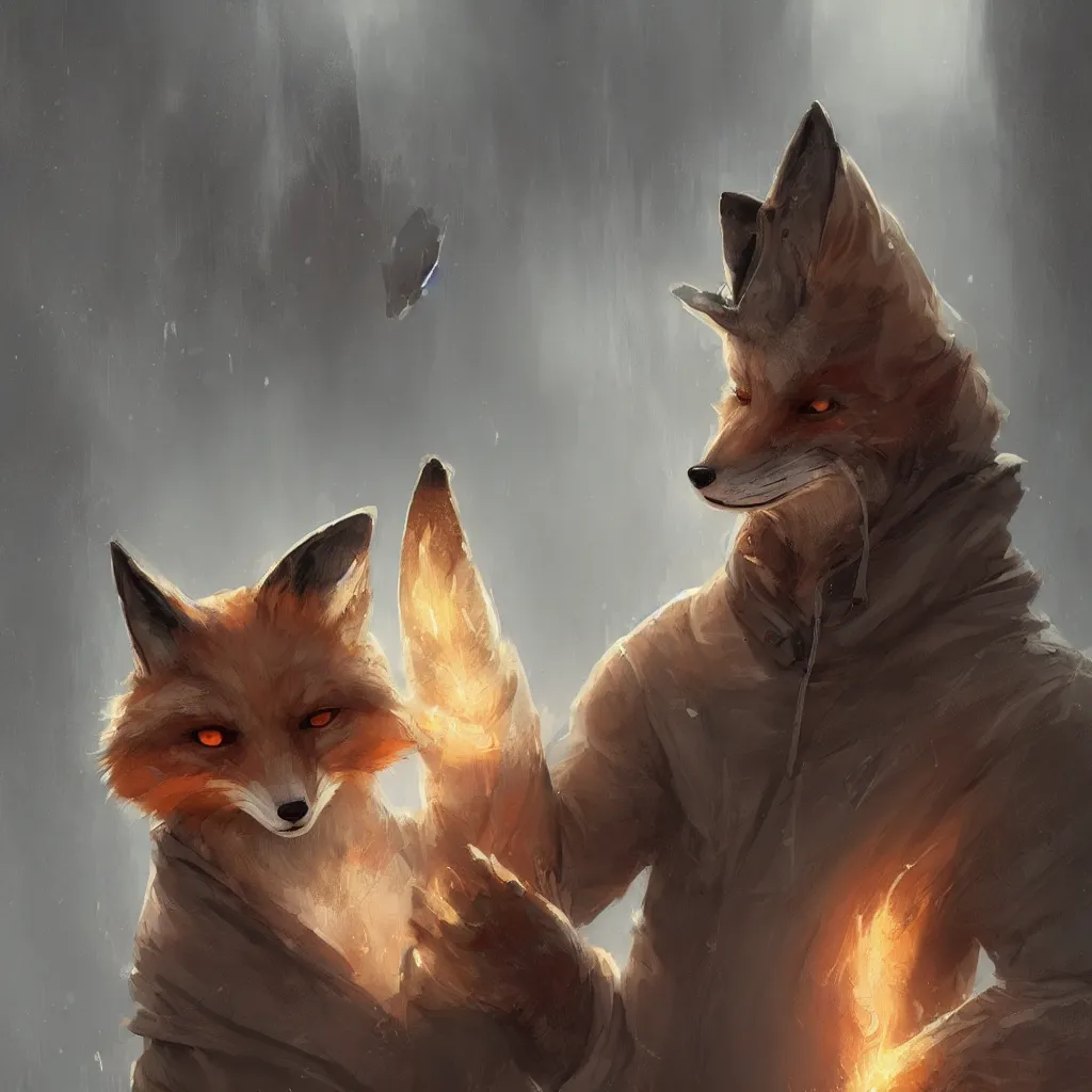 Prompt: an anthropomorphic fox wearing a hoodie and anonymous mask, concept art, digital painting, highly detailed, style by jordan grimmer and greg rutkowski, illustration