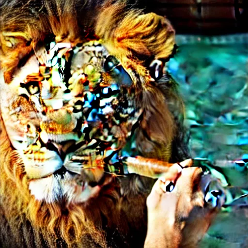 Image similar to a very detailed photo of a lion ( smoking a cigar ) outside the mansion by the pool