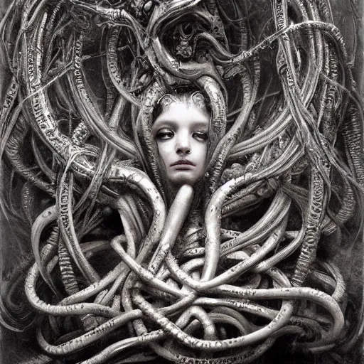 Image similar to biomechanical medusa by gustave dore and gustave moreau and beksinski and giger and craig mullins and jeremy mann