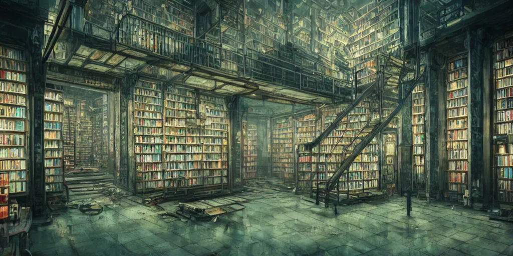 Prompt: cinematic shot of a vast interior of an old bookstore full of books with ladders and stairways, dystopian future, neon lights, sci - fi, night lights, haze, concept art, intricate, in the style of katsuhiro otomo, akira, unreal engine