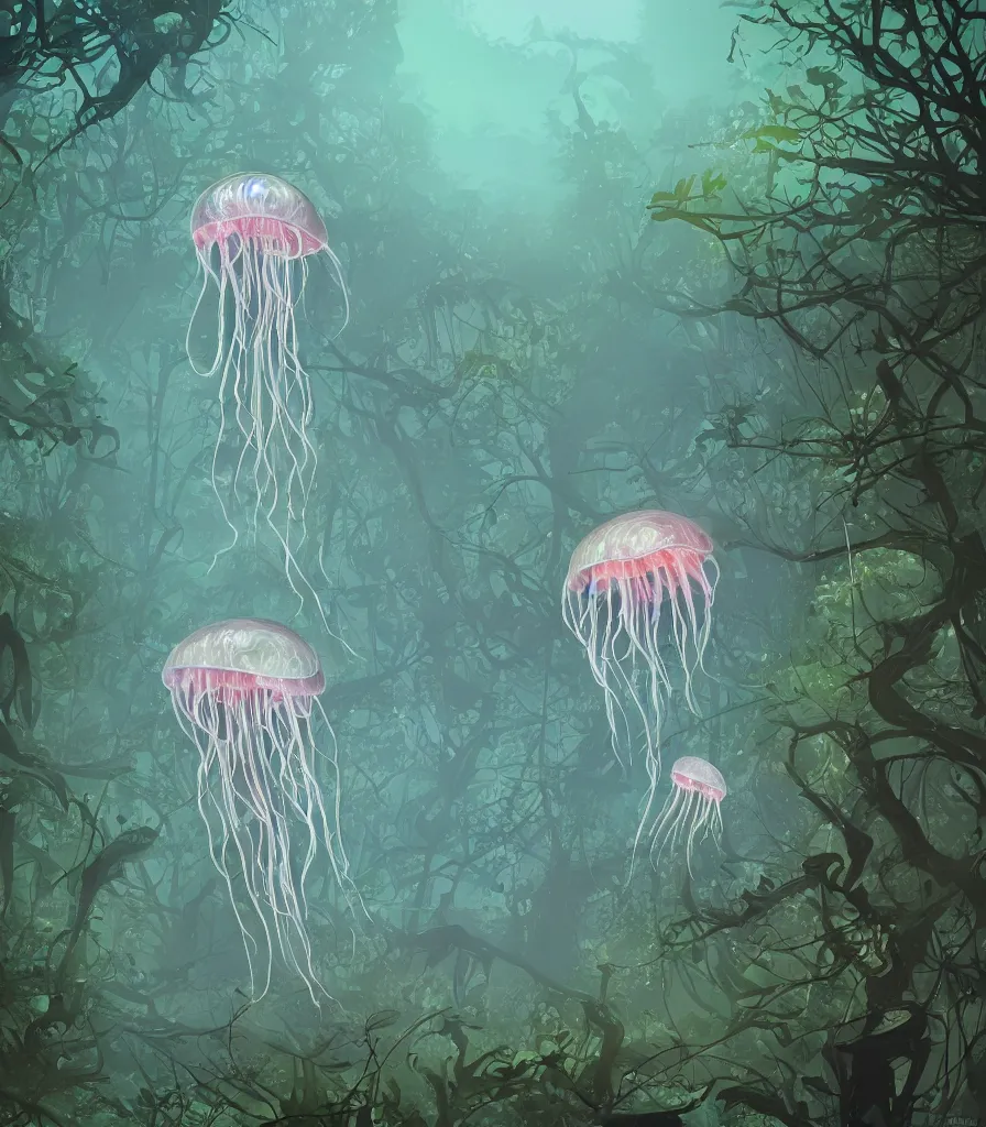 Prompt: brilliant alien jellyfish forest color scientific illustration by Ernst Haekel, Hayao Miyazaki, foggy, ambient occlusion, color illustration with orthographic views