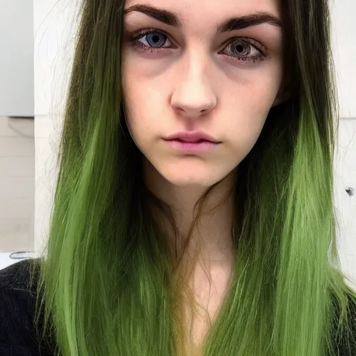 Prompt: brunette with dyed blonde hair, 21 years old, 165 cm tall, long flat blonde hair, eyes green, 30% smaller nose, smaller mouth, round shaped face, big forehead, lop eared, thin eyebrows, real life photograph
