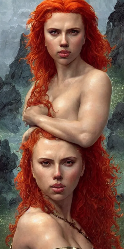Prompt: epic masterpiece portrait of Red Sonja played by scarlett johansson, followed by head with many screaming faces, beautiful faces and flawless skin, perfect hands, emeralds by Edgar Maxence and Ross Tran and Michael Whelan