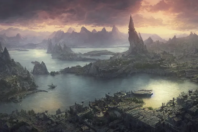 Prompt: high aerial shot, fantasy landscape, sunset lighting ominous shadows, cinematic fantasy painting, dungeons and dragons, a charming port city, harbor, bay by jessica rossier and brian froud and hr giger