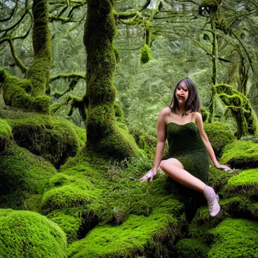 Prompt: a woman covered in moss in a lush mossy garden