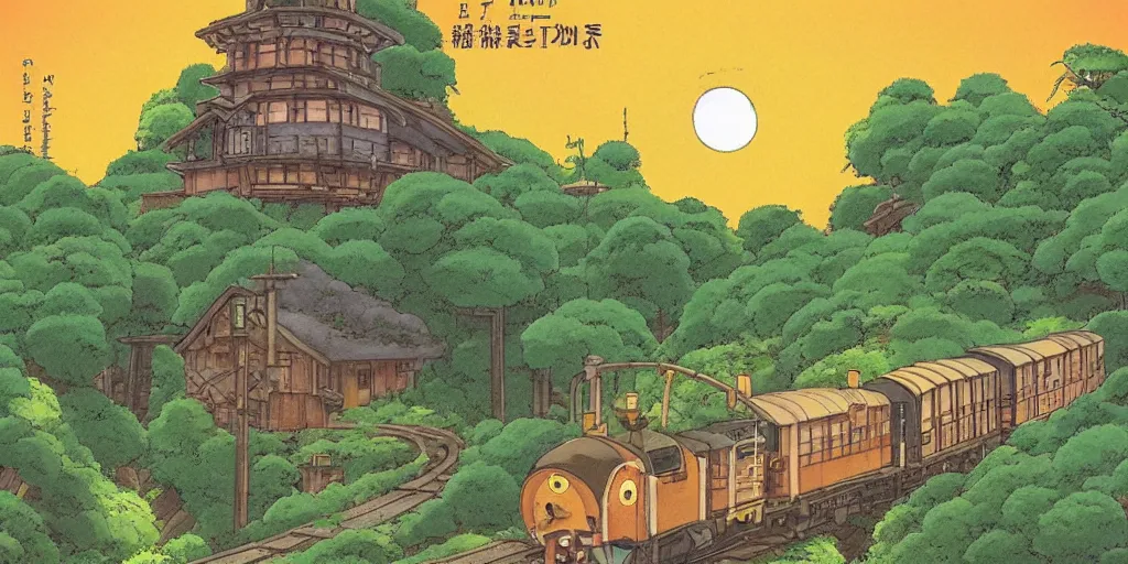 Image similar to a sunset railroad environment in the studio ghibli style, ghibli, my neighbor totoro, spirited away, castle in the sky