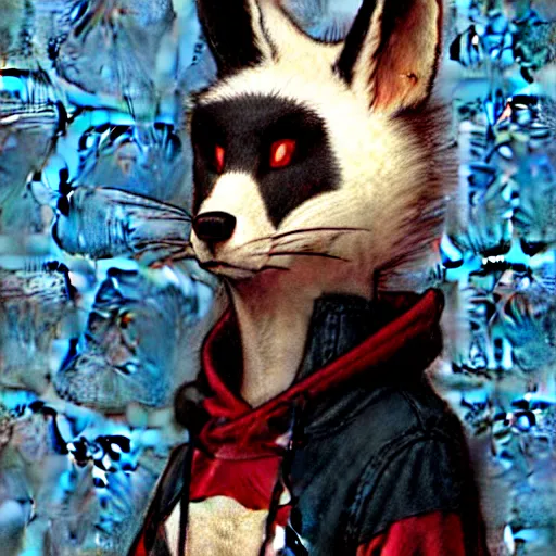 Image similar to anthropomorphic red white and black fox with exquisite tall ears and wearing a nose ring and a black hoodie. Renowned character illustration by greg rutkowski, thomas kindkade, alphonse mucha, loish, norman rockwell.