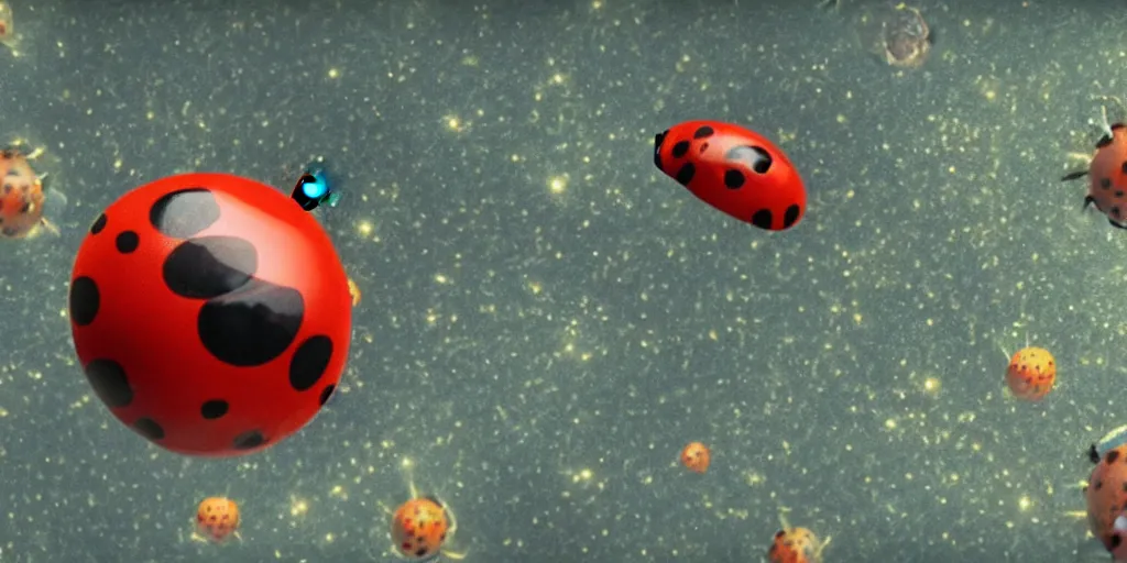 Prompt: a 3 d rendered movie still from a distance of 3 0 m of a ladybug 1 million years from now. the ladybug is sentient, wears tiny spacesuit, and travels the stars in a super trippy space ship. science fiction blockbuster movie ladybugs rule the world, imax 7 0 mm. bladerunner.