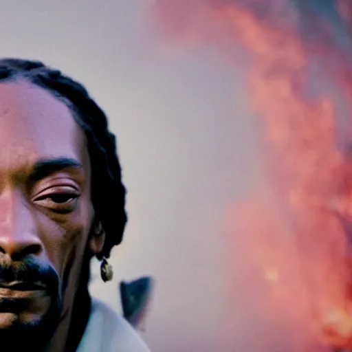 Image similar to cinematic film still of Snoop Dogg starring as a Samurai holding fire, Japanese CGI, VFX, 2022, 40mm lens, shallow depth of field, film photography