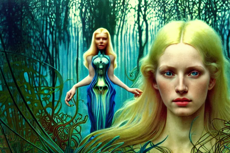 Prompt: realistic detailed photorealistic film portrait shot of a beautiful blond woman with an alien in a futuristic forest by Denis Villeneuve, Amano, Yves Tanguy, Alphonse Mucha, Ernst Haeckel, Andrei Tarkovsky, Edward Robert Hughes, Roger Dean, rich moody colours, wide angle, blue eyes