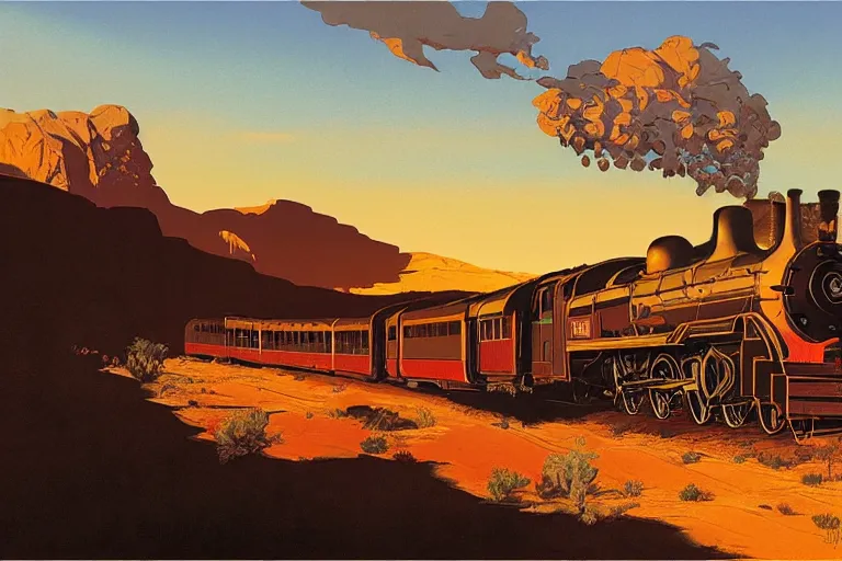 Image similar to idyllic old western train station illustration by syd mead, artstation, 4 k, graphic novel, concept art, matte painting, steam engine spewing billowy clouds of steam, beautiful mountain desert sunset background, golden hour